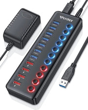 Hub USB 3.0 con 11 Porte e Alimentatore - Caricatore Rapido con Indicatore LED