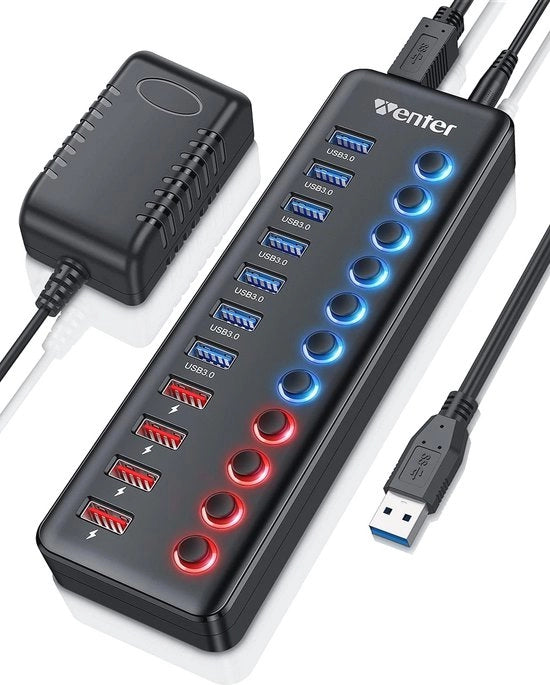 Hub USB 3.0 con 11 Porte e Alimentatore - Caricatore Rapido con Indicatore LED