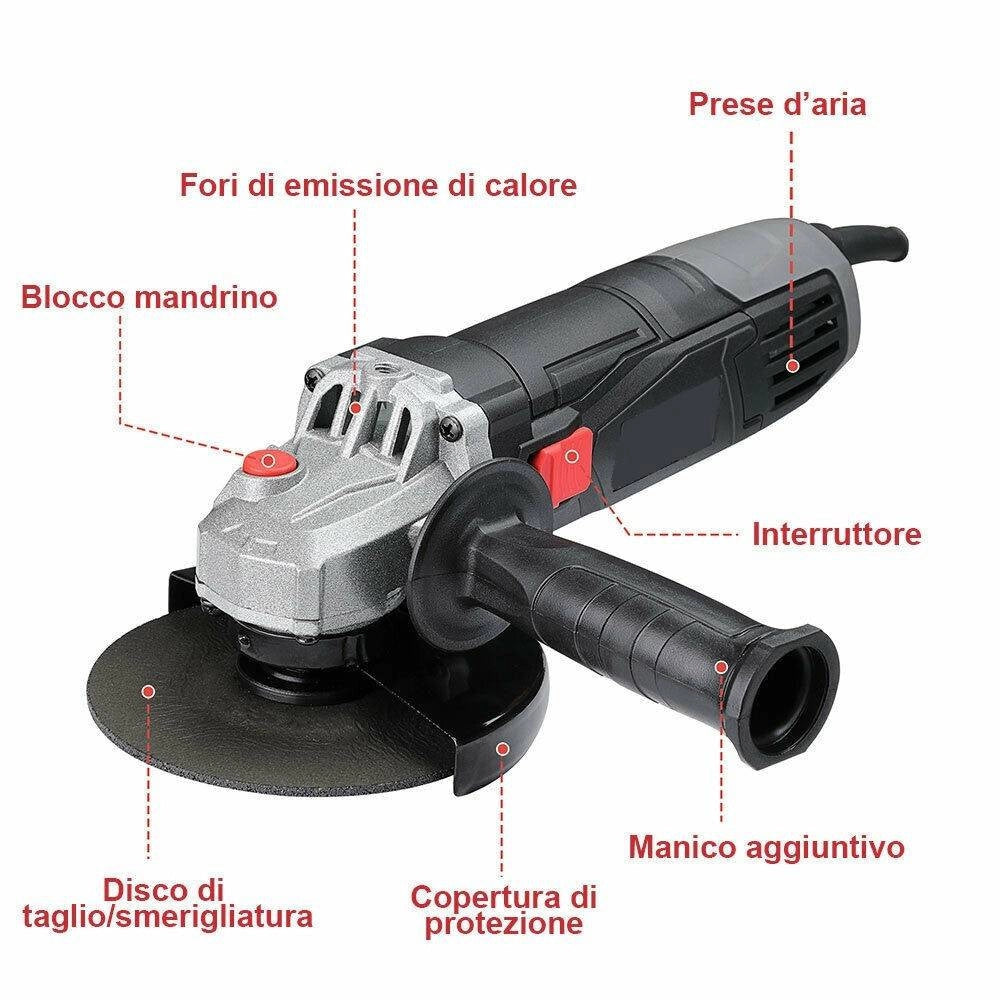 Trade Shop - Smerigliatrice Angolare 750w Flex Frullino 125mm 6 Dischi E Manico Regolabile -