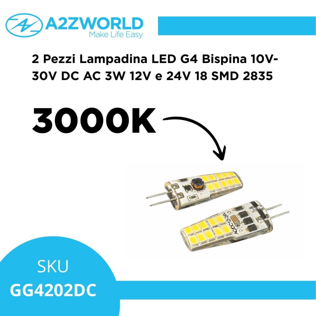 2 Pezzi Lampadina LED G4 Bispina 10V-30V DC AC 3W 12V e 24V Bianco Caldo 3000K 20 SMD 2835 Cilindro Silicone