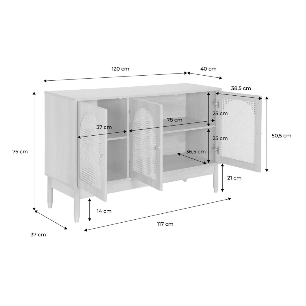 Credenza decorazione legno e canna 3 ante 120cm, marrone naturale