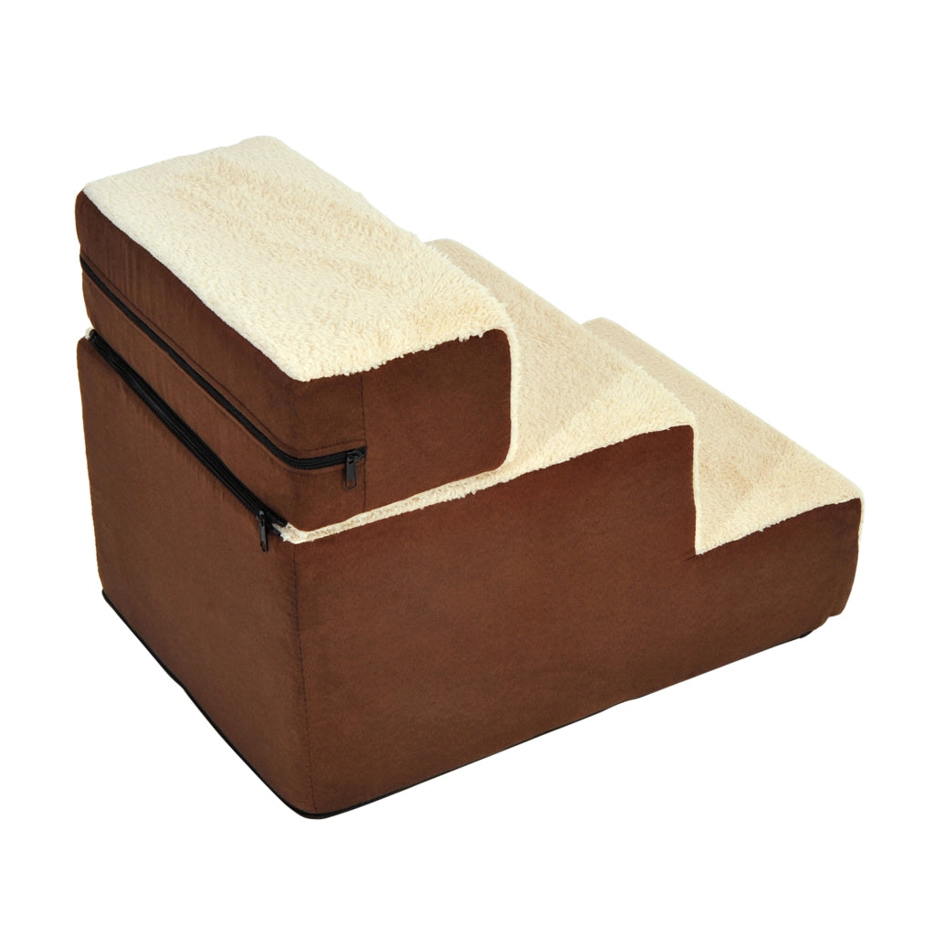 Scala per animali domestici in schiuma beige a 3 gradini con rivestimento in peluche 54x40x39 cm