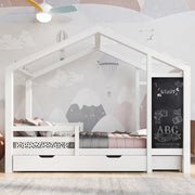 Letto a casa in legno massello bianco con lavagna e 2 cassetti 90x200 cm
