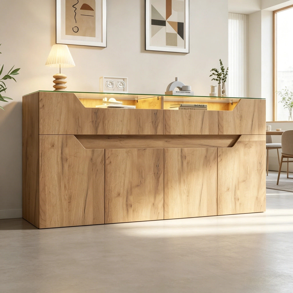 Credenza e madia con piano in vetro temperato, 2 cassetti e ante, per soggiorno, in MDF, naturale, 140 × 40 × 70 cm