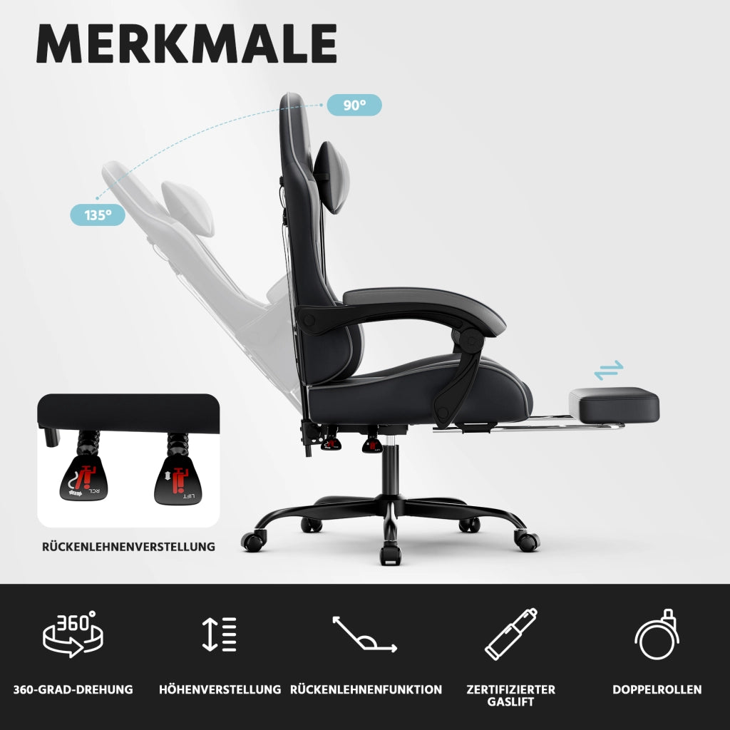 Sedia da ufficio gaming ergonomica con supporto lombare e poggiapiedi retrattile in PVC nero e grigio