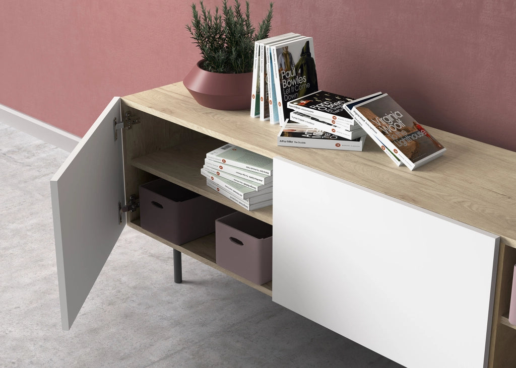 Mobile TV Herdasa effetto rovere chiaro e bianco gambe grafite 52x180x44