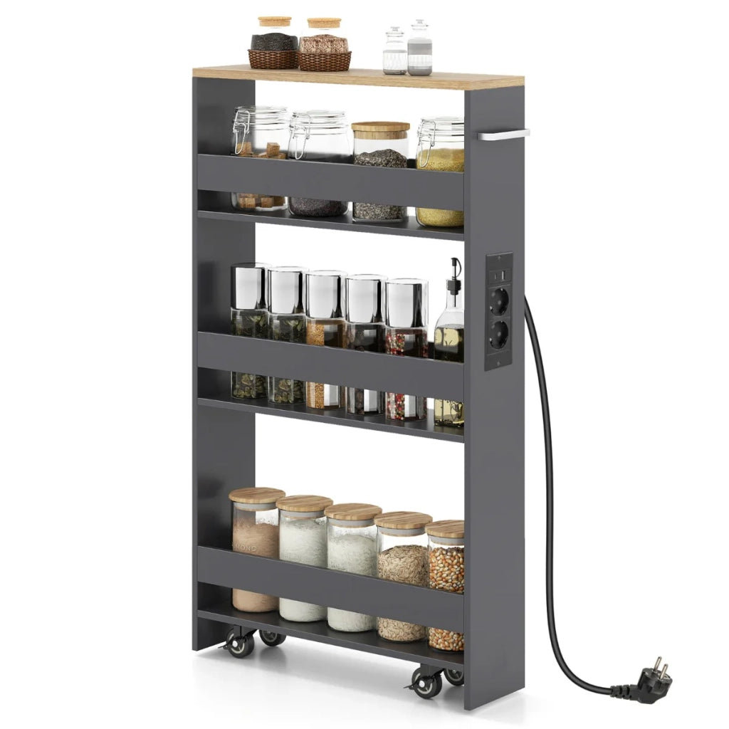 Carrello portaoggetti sottile 47,5 x 13 x 80,5 cm con stazione di ricarica e 4 ripiani di design in legno ingegnerizzato grigio 20_0018951