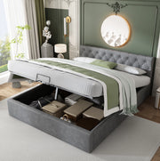 Letto matrimoniale 140x200 cm in velluto grigio con testiera capitonn茅 e contenitore idraulico