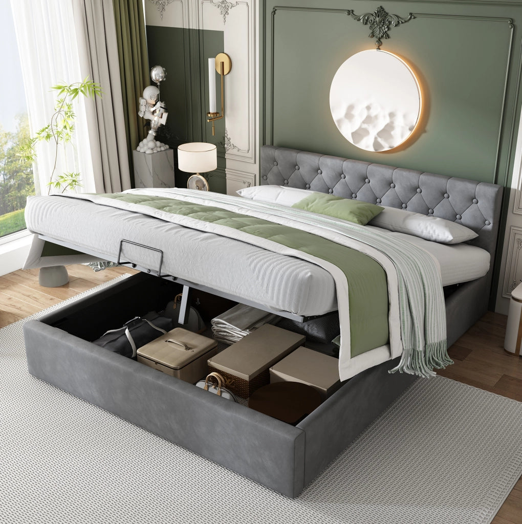 Letto matrimoniale 140x200 cm in velluto grigio con testiera capitonn茅 e contenitore idraulico