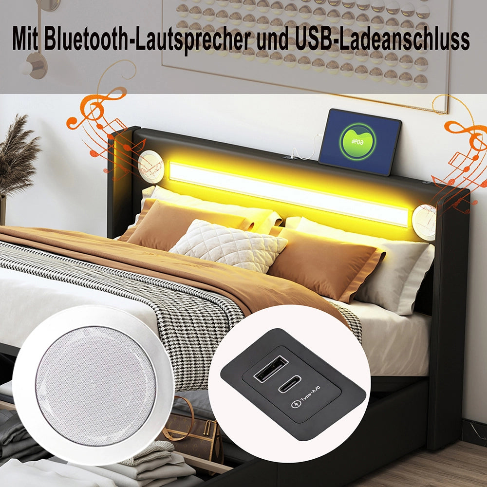 Letto a cassone imbottito - Xylo - 160x200 cm - Nero - Barra LED, Bluetooth, ricarica USB