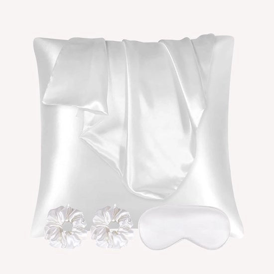 Pillowcase in Satin per Capelli - 2 Pack Copricapo in Seta Satin con 2 Bobine per Capelli - Incluso Ombrello per gli Occhi - Liscio e Acne Fatto in Casa (65×65cm, Bianco)