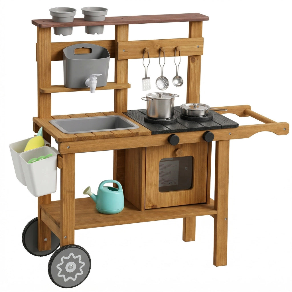 Cucina Giocattolo Esterna per Bambini ¨C zephmum ¨C Legno, Marrone con Rubinetto e Ruote
