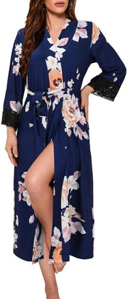 Badjas da donna leggero con collo V, notturno con lunga manica, kimono da casa e sauna