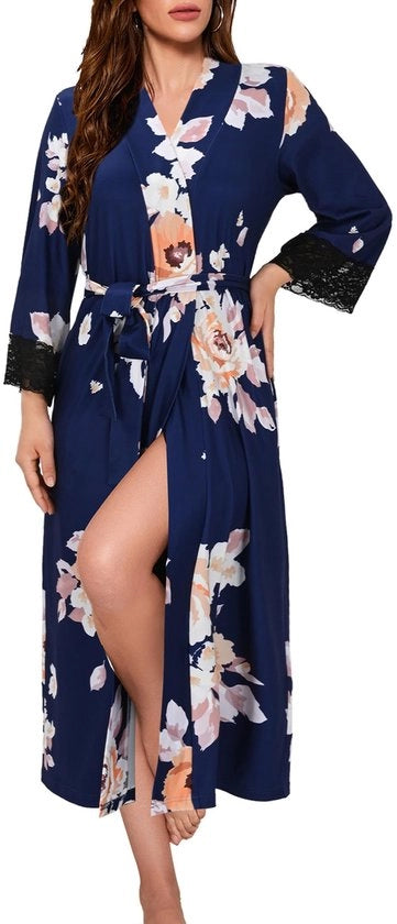 Badjas da donna leggero con collo V, notturno con lunga manica, kimono da casa e sauna
