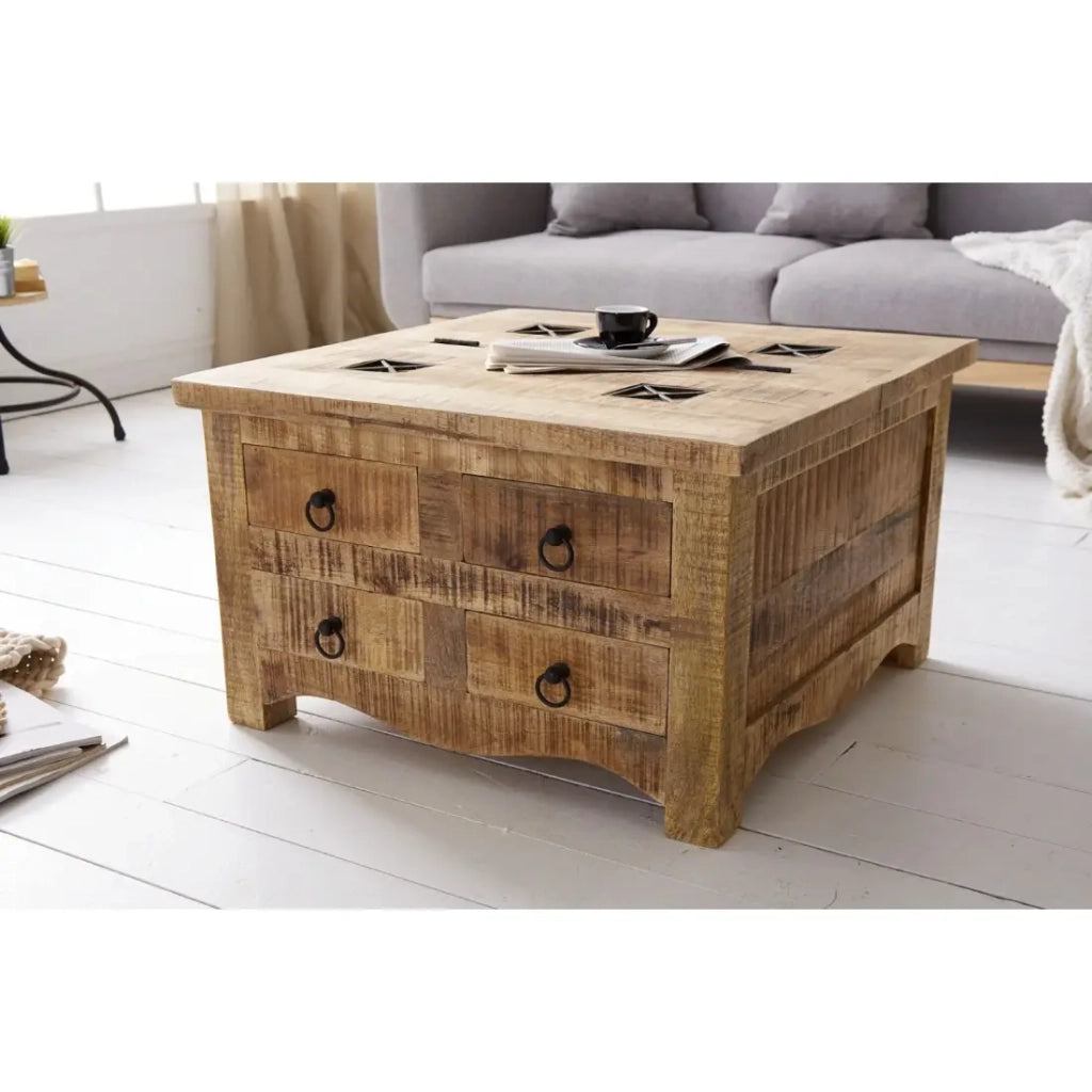 Tavolino quadrato LODEN 70 cm in legno massiccio di mango con cassapanca e 4 cassetti - stile industriale