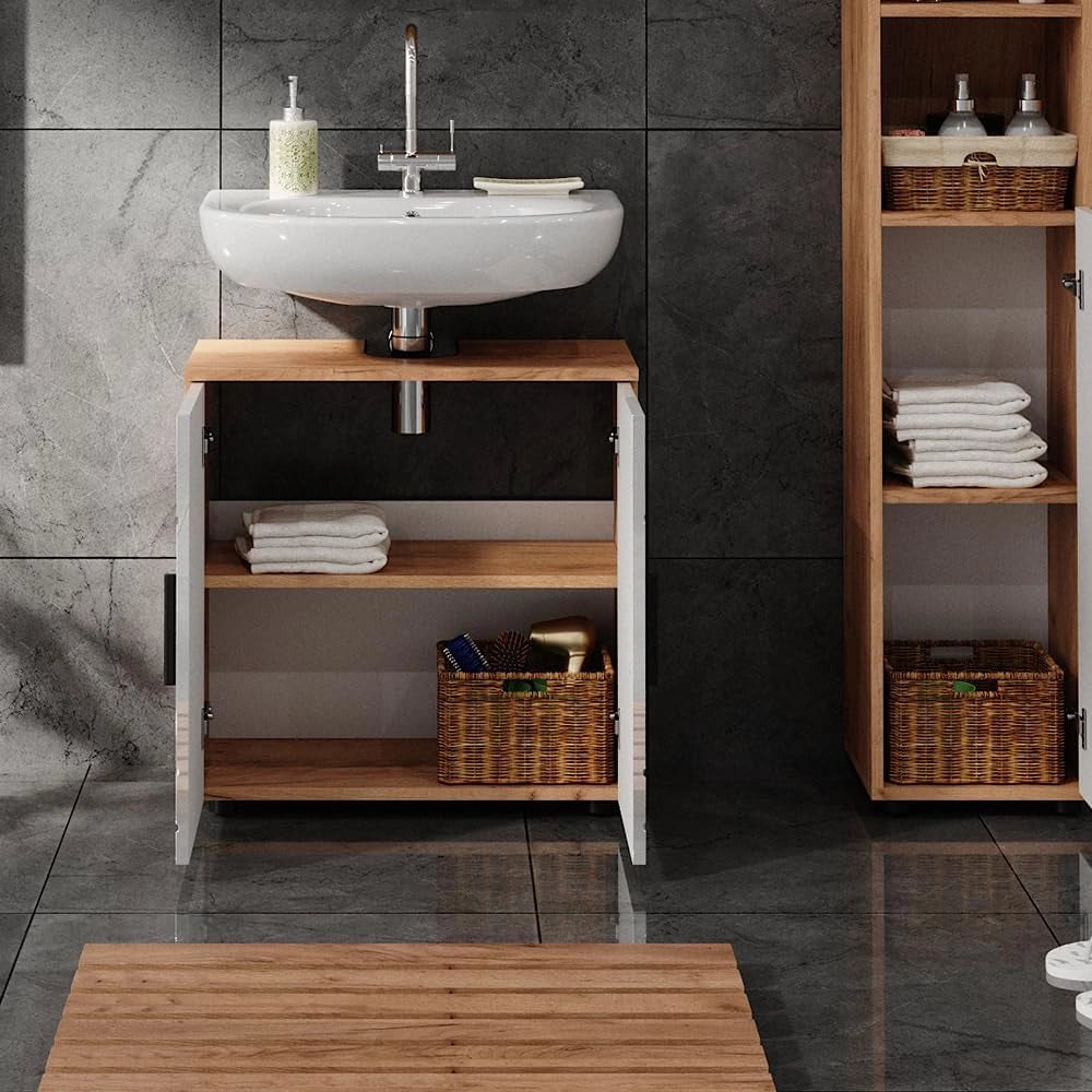 Mobile sottolavabo per bagno Irma, Bianco lucido/oro power oak, 60 x 59 cm, con ritaglio per sifone e ripiano interno per conservazione