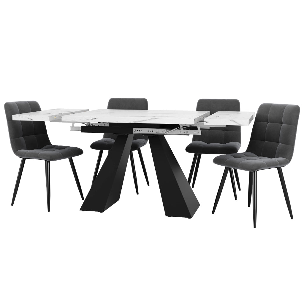Set tavolo da pranzo e sedie con 1 tavolo allungabile e 4 sedie in MDF; metallo e velluto bianco e nero