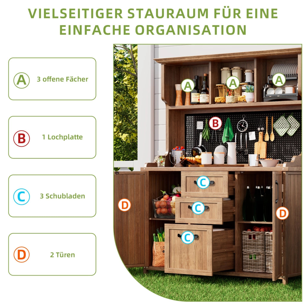 Armadio da giardino in legno; mobile per utensili da giardino in legno di abete massiccio – mobile in piedi con 3 cassetti; 3 scomparti; parete metallica perforata e mensole regolabili; per terrazza; balcone