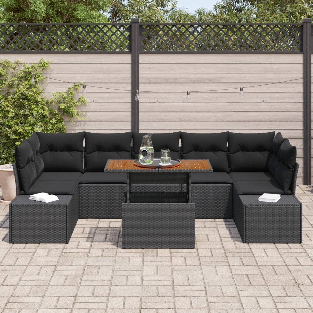 Set da pranzo da giardino 8 pezzi con cuscini in polyrattan nero e acacia