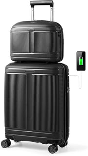 Set di Bagagli da 2 Pezzi, Valigia Trolley da 20" e Casetta da Trucco da 14" in Materiale PP Rigido Leggero con Lucchetto TSA, Porta USB e Ruote Girevoli, Bagaglio a Mano Espandibile (Nero)