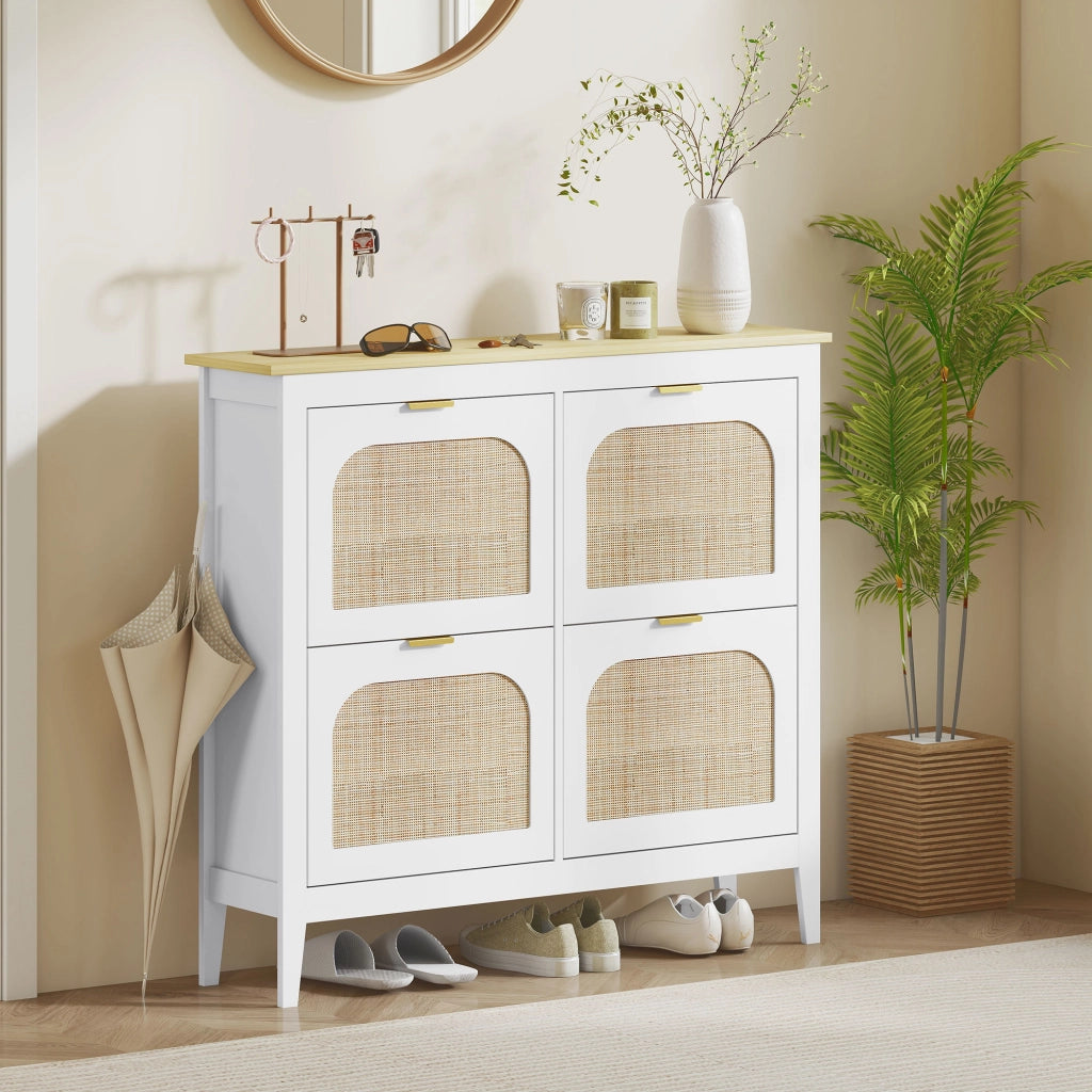 Mobile per Scarpe con 4 Ante in Rattan e Ripiani Regolabili ¨C Zephmum ¨C Bianco 105x24x95,5 cm