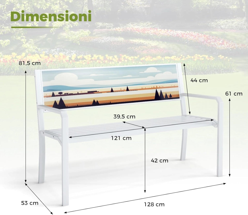 Panca da Giardino Decorativo Artistico in Metallo, Panchina da Esterno con Schienale Decorato, Panchina da Giardino 2-3 Posti per Terrazza (Bianco, 128 x 53 x 81,5 cm)