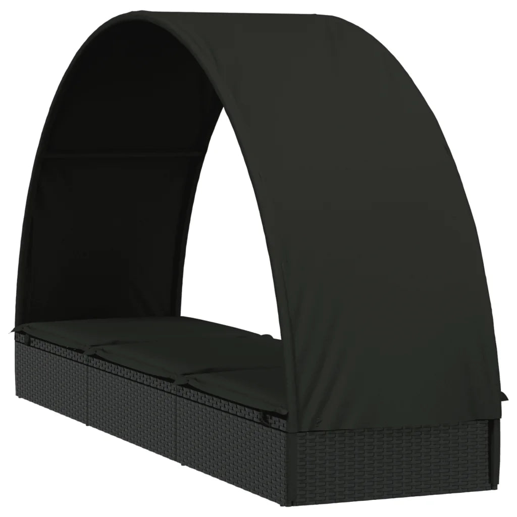 Lettino con Tetto Rotondo Nero 211x57x140 cm Polyrattan 319644