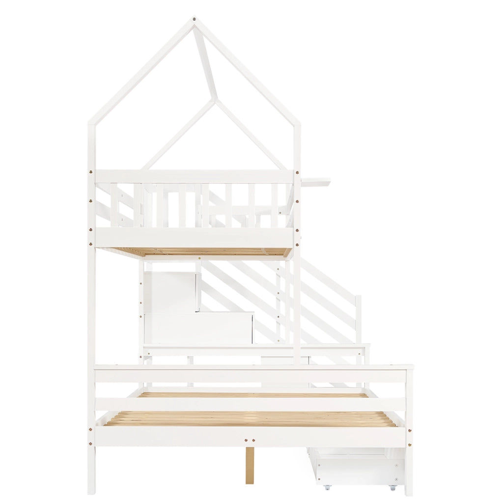 DESMIU Letto a castello per bambini 90 × 200 cm e 140 × 200 cm con 2 cassetti, scala contenitore, senza materasso, bianco