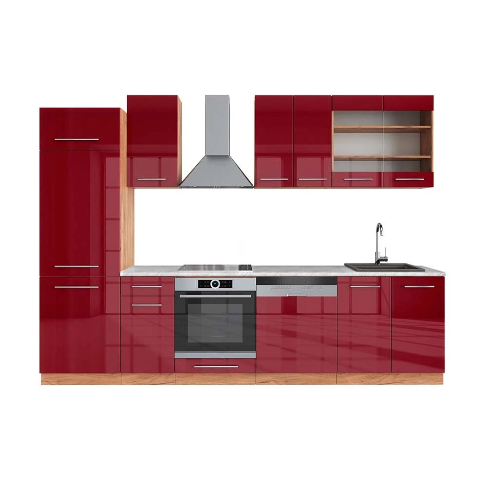 Cucina componibile Fame-Line Bordeaux lucido/Rovere dorato 300 cm, PL Marmo Vicco