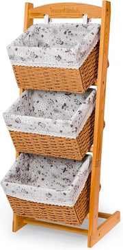 3 cestelli pieghevoli in legno di noce - stile 2 - con cesto in tessuto floreale e cassetto per ordinare