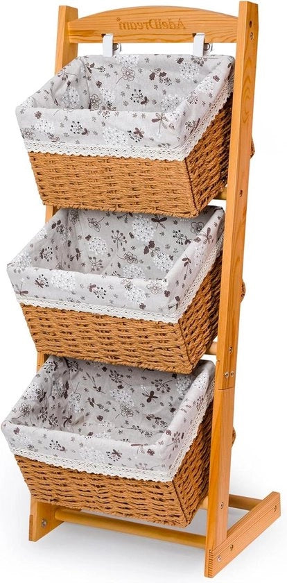 3 cestelli pieghevoli in legno di noce - stile 2 - con cesto in tessuto floreale e cassetto per ordinare