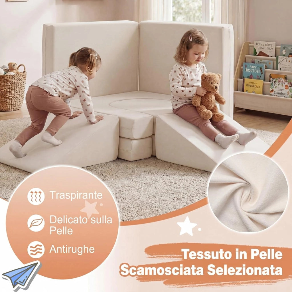Divano da Gioco per Bambini Trasformabile, Poltrona Modulare a 10 Pezzi, Tessuto Suede e Schiuma ad Alta Elasticità, Divanetto per Bambini 3+ Anni, per Camerette, Soggiorno e Studio (Beige)