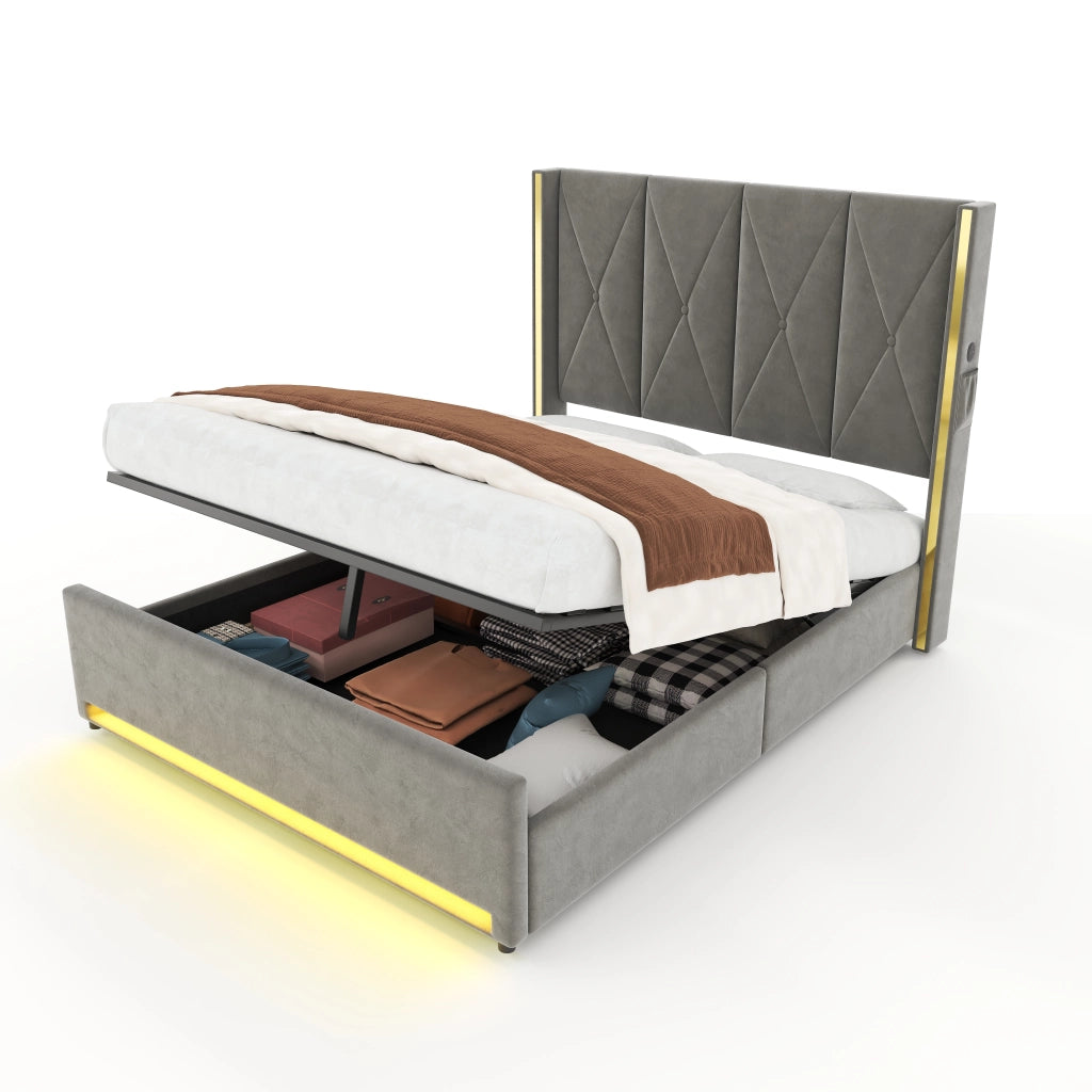 Letto Contenitore 160x200 cm; Matrimoniale; USB; Type-C; LED; Tasche; Velluto; Grigio Scuro