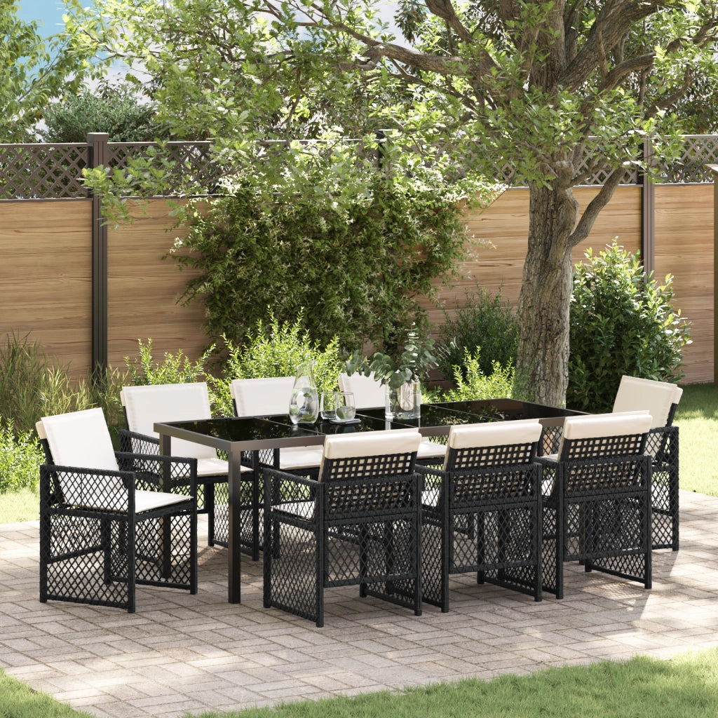 Set da pranzo da giardino 9 pezzi con cuscini Rattan nero poli
