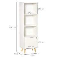 Scaffale Libreria con 3 Ripiani e 1 Armadietto in Legno, 40x30x129.5cm - Bianco