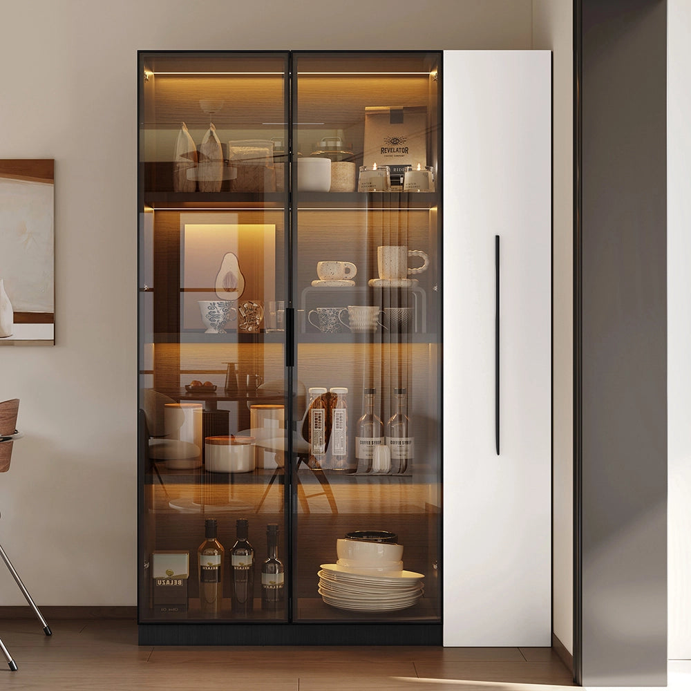 Armadio multifunzionale - Xylo - 110,5x35x160cm - Bianco e nero - Vetrina con porta in vetro e LED, cassetto scorrevole, ruote