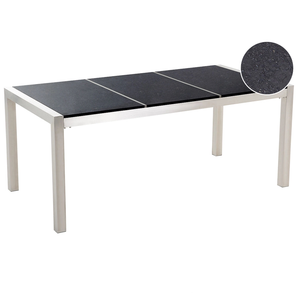 Tavolo da Giardino Granito Nero Gambe in Acciaio color Argento 180 x 90 cm