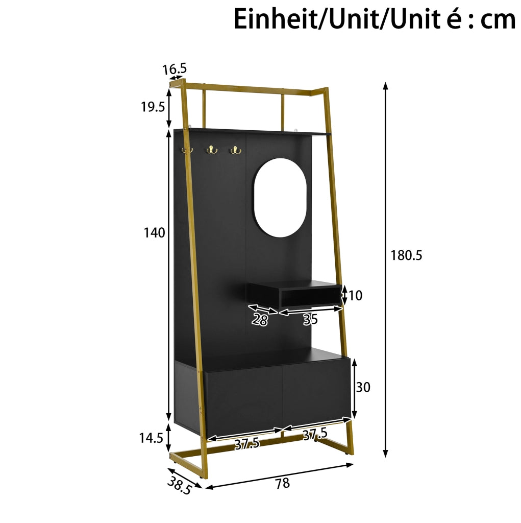 Guardaroba compatto moderno con specchio e ganci in metallo; 78 x 38;5 x 180;5 cm; nero
