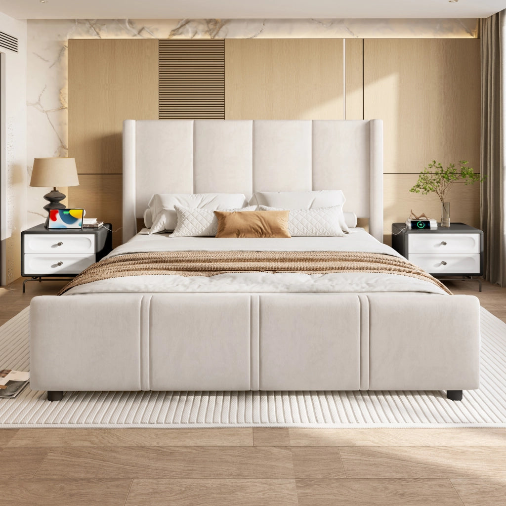 OKWISH Letto Imbottito 140×200 cm, Letto Matrimoniale con USB e Tipo C, Testiera Alta, senza Materasso, in Velluto, Beige