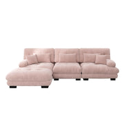 Divano angolare modulare con ottomani mobili; cuscini decorativi e schienale in ciniglia rosa