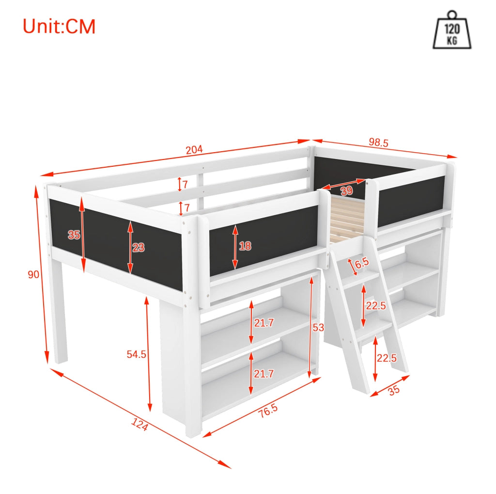 Letto a soppalco basso ULEVR 90x200 cm con ripiani, lavagna, barriera di sicurezza e scala, bianco