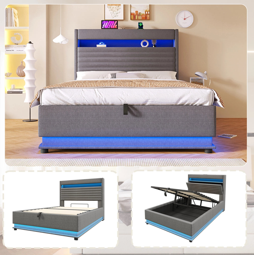 Letto imbottito 140x200 con LED, vano contenitore idraulico e porte USB/Type-C