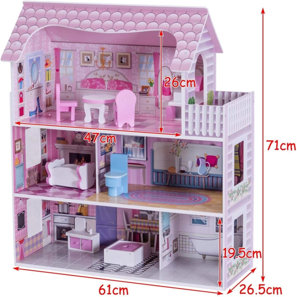 Casa delle Bambole in Legno per Bambina Giocattolo dei Bambini 3 Piani con Mobili e Accessori