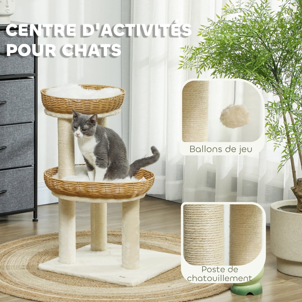 Albero tiragraffi per gatti con due cuccette in rattan e cuscini lavabili ¨C Minimal ¨C beige 75.5 cm