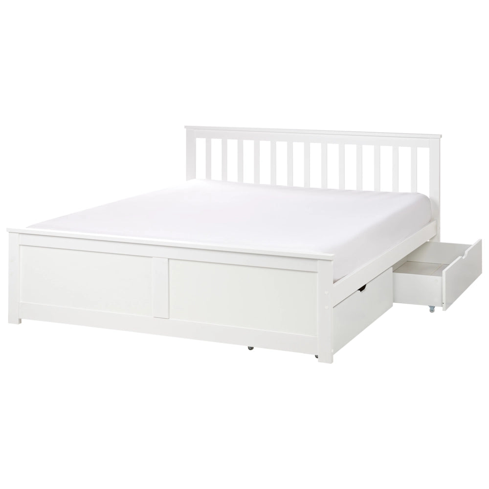 Letto matrimoniale Legno di Pino bianco con Rete a Doghe con 2 cassetti 160 x 200 cm Testiera a doghe minimalista