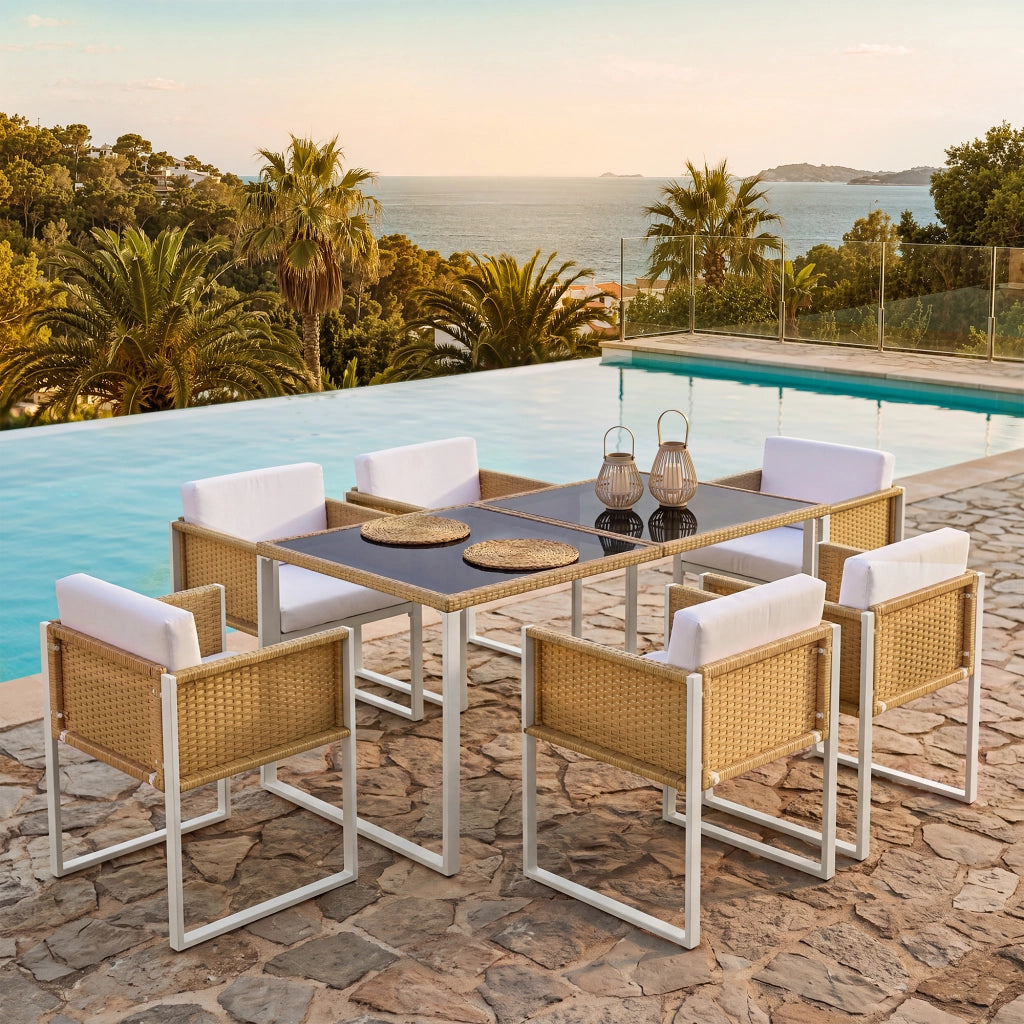 Set tavolo e sedie da giardino con tavolo e 6 sedie, cuscini sfoderabili, in rattan marrone e bianco