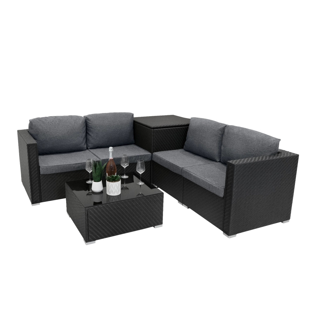 Set Divani Rattan Nero 6 Pezzi con Cuscini, Tavolino e Baule 250L