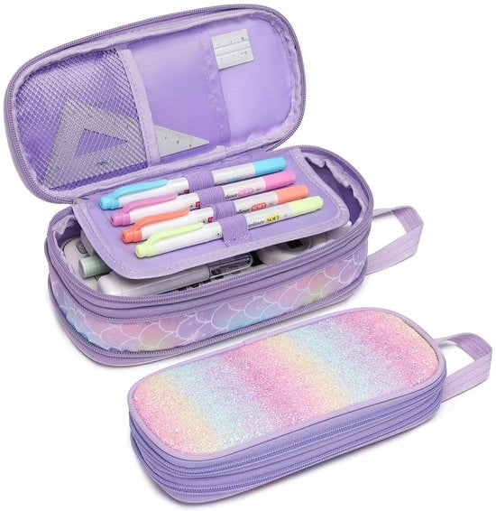 Borsa Portatile Espandibile per Ragazze - Borsa con Grande Capacità per Ragazze per Scuola, Borsa Carina per Bambine, 2 Comparti e Tasca per Pennarelli Interna, Solo Borsa (Sirena Blu)