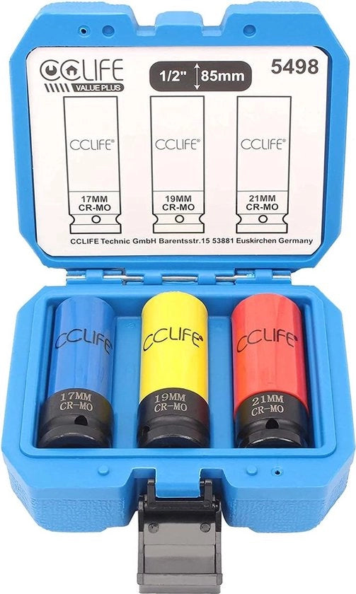 Kit a 3 pezzi per chiave a mezzaluna 1/2" con doppi 85mm - Spigotti robusti con inserti morbidi da 17 a 21mm in Cr-Mo - Doppi di pulizia per cambio ruota - X01NSK373