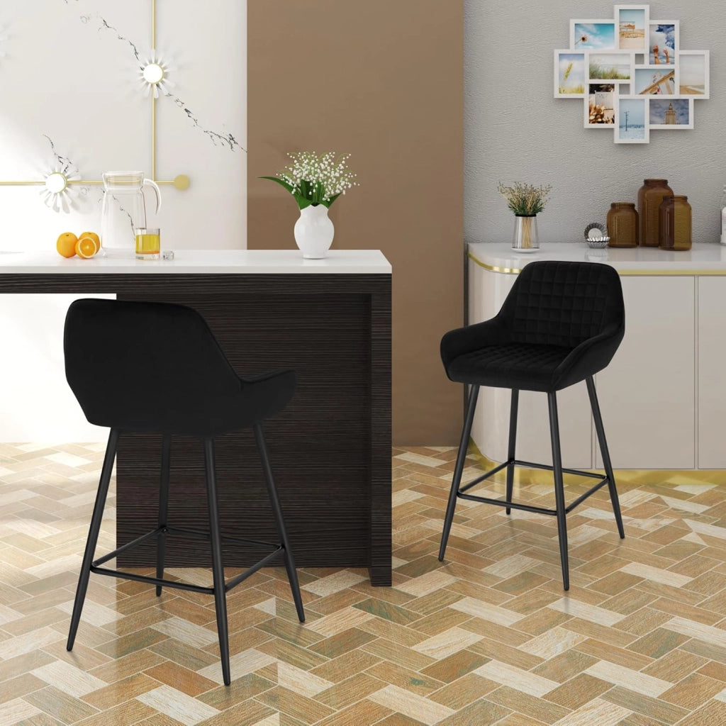 Set di 4 Sgabelli da Bar, Sedie da Cucina, con Schienale & Braccioli, Struttura in Acciaio, Seduta Ampia in Velluto Altezza di 64 cm, Colore Nero BH372sz-4